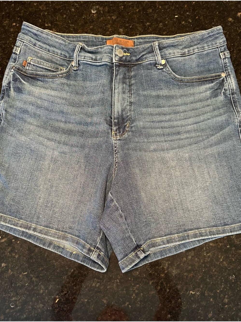 Judy Blue Medium Wash Denim Shorts with Brown Patch